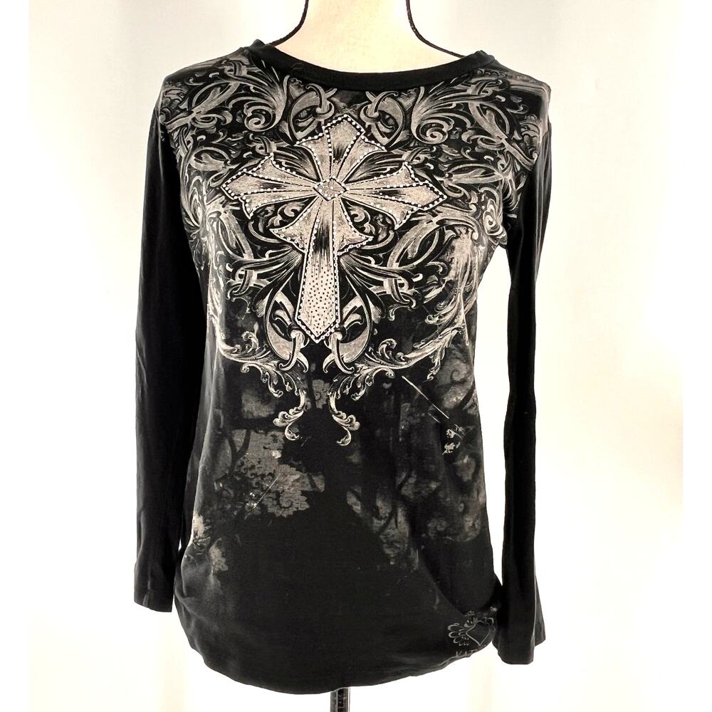 Vintage women's 2000's graphic black silver rhinestone long sleeve tee S/M